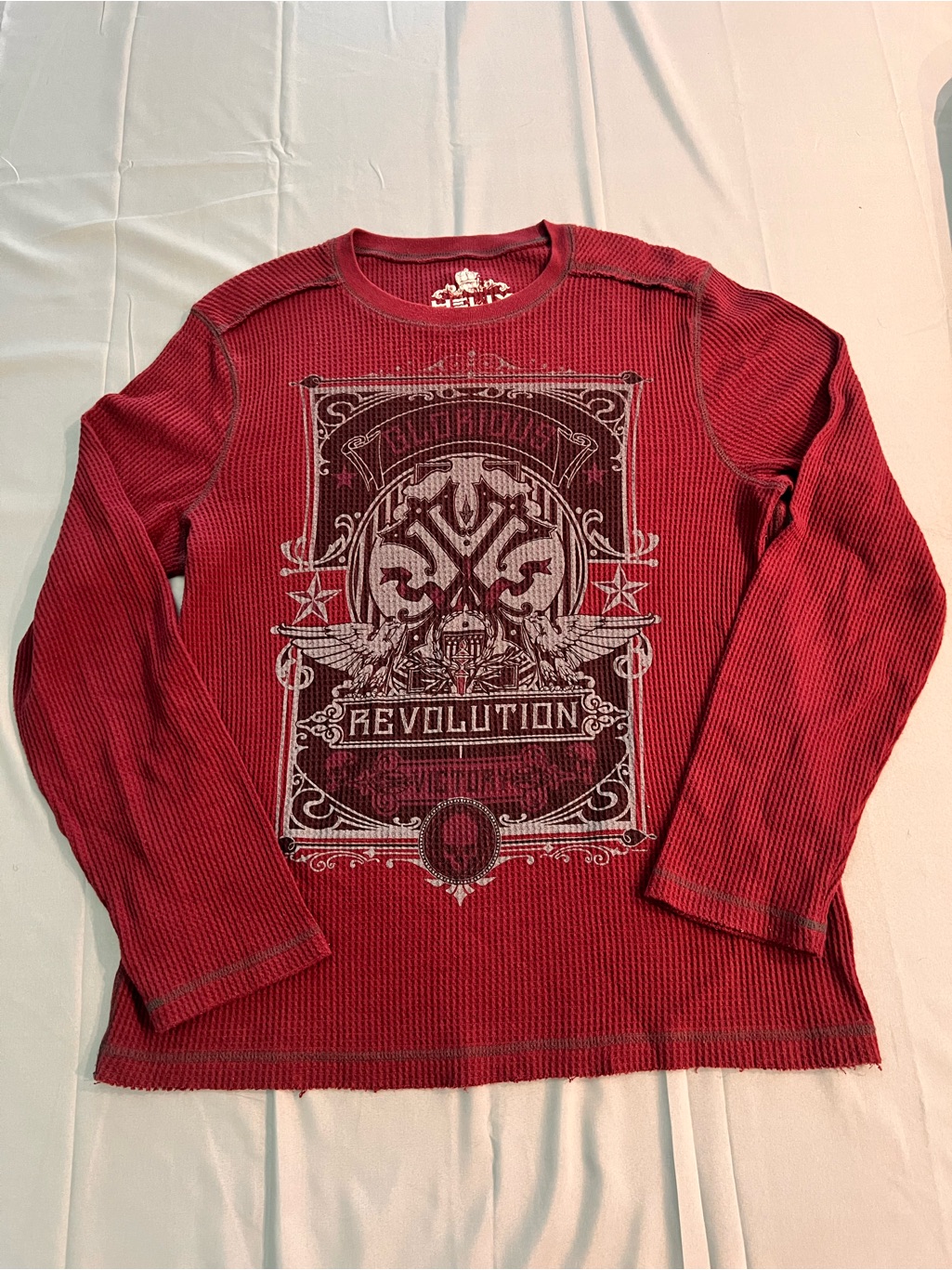 Vintage Y2k Helix Waffle Knit Skull Long Sleeve Shirt Men's Xl Maroon Grunge